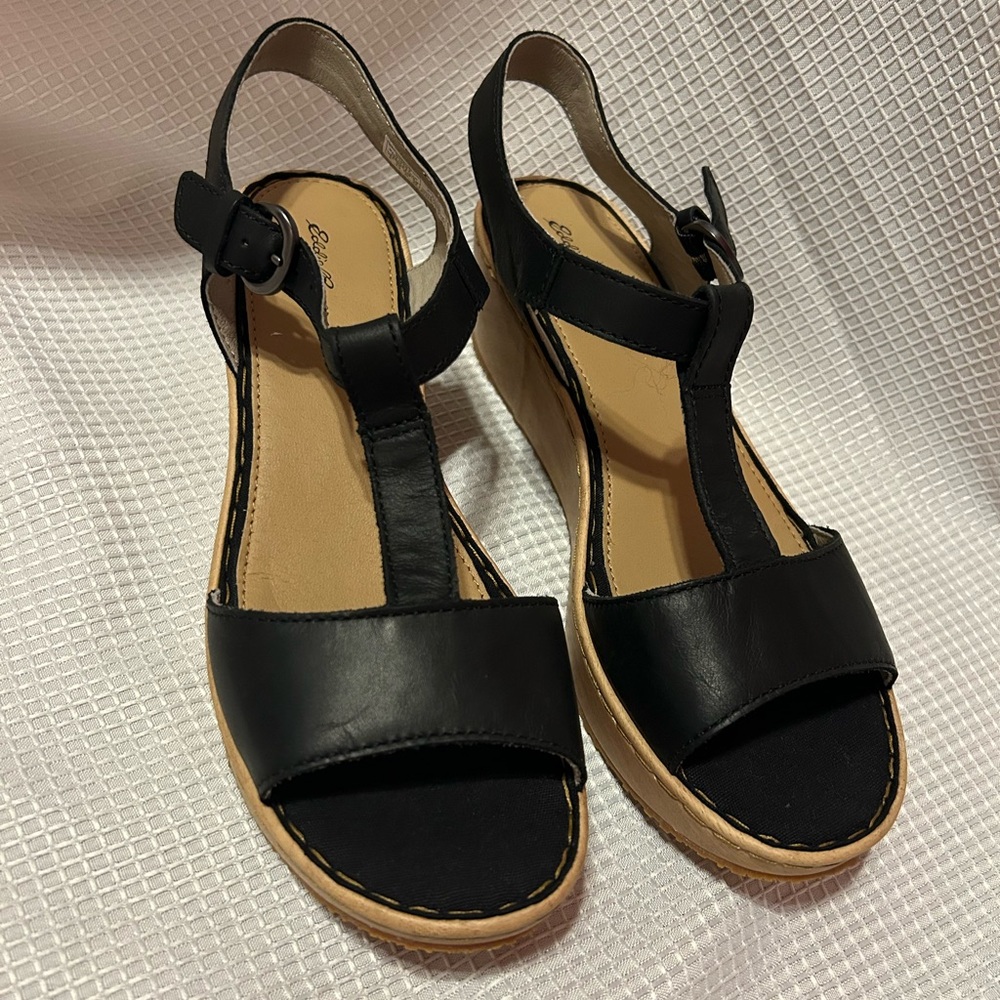 Eddie Bauer Black Leather Wedge Sandals